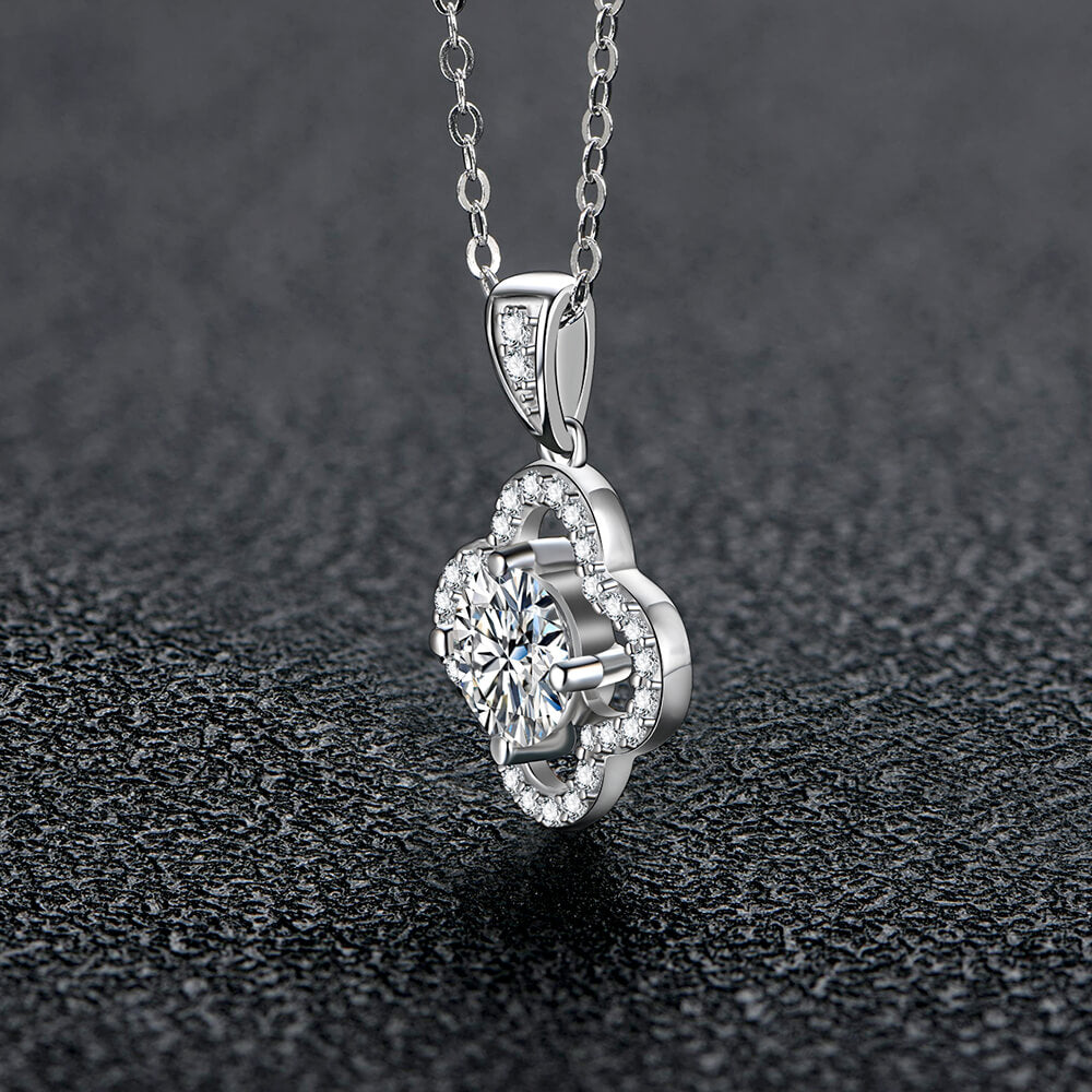 Moissanite Four Leaf Clover Pave Charm Necklace in Sterling Silver