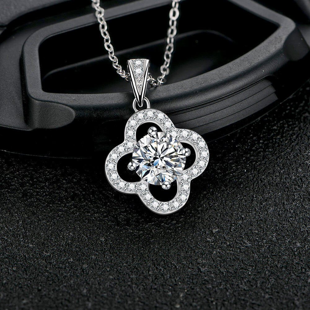 Moissanite Four Leaf Clover Pave Charm Necklace in Sterling Silver