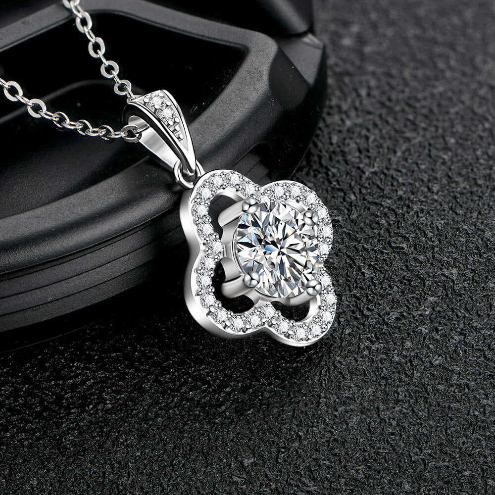 Moissanite Four Leaf Clover Pave Charm Necklace in Sterling Silver