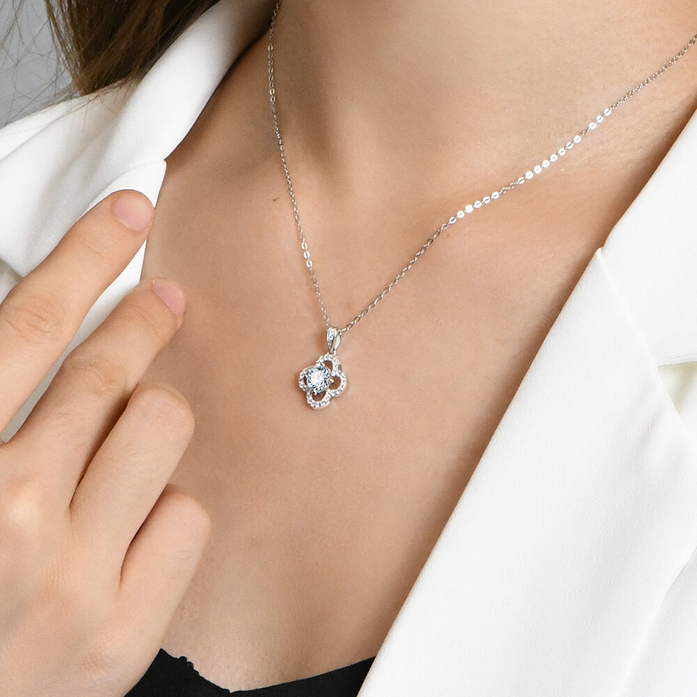 Moissanite Four Leaf Clover Pave Charm Necklace in Sterling Silver