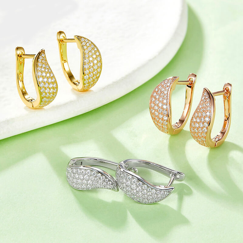 Moissanite Leaf Pave Hoop Earrings In Sterling Silver