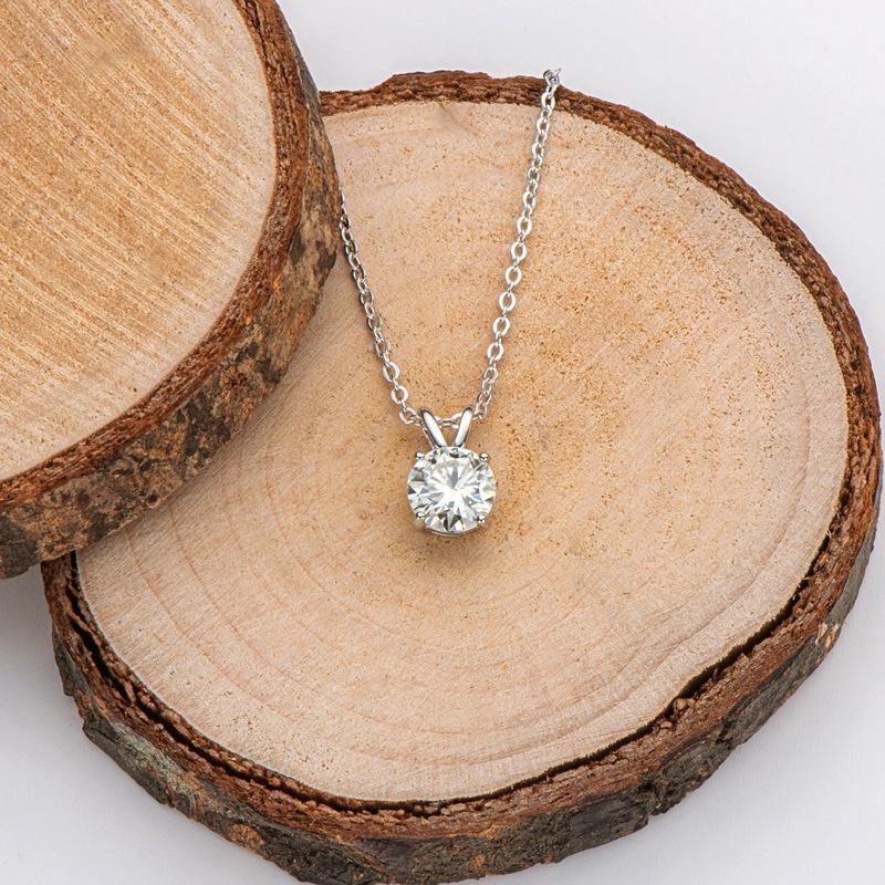 Solitaire Round Moissanite Four Prong Sterling Silver Necklace Pendant