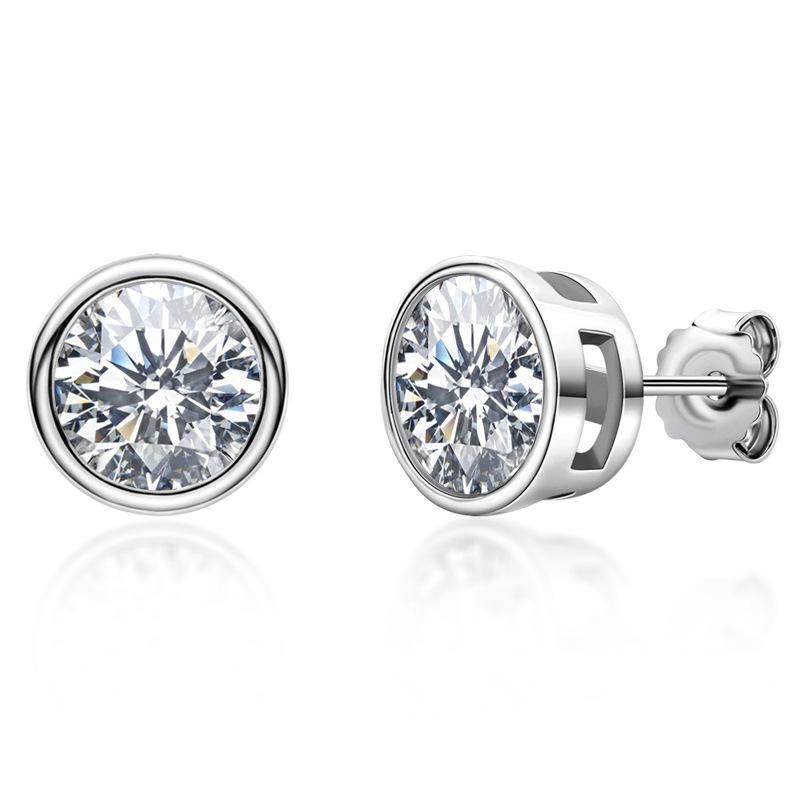 Round Moissanite Bezel Set Sterling Silver Earrings