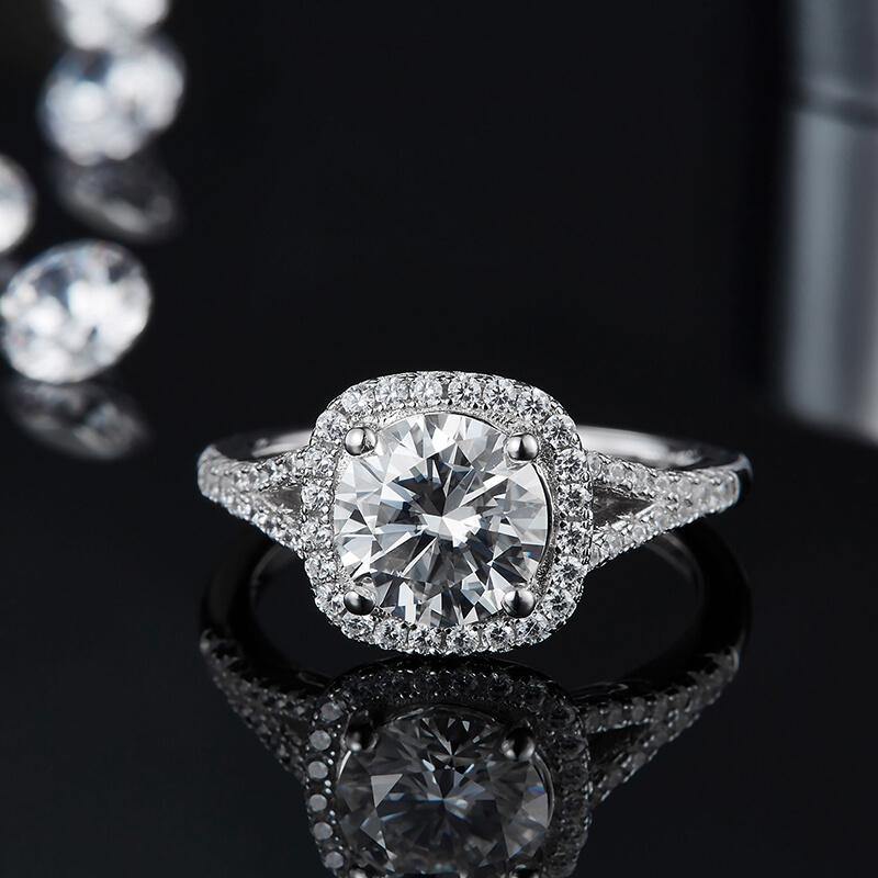 Moissanite Split Shank Square Halo Pave Engagement Ring