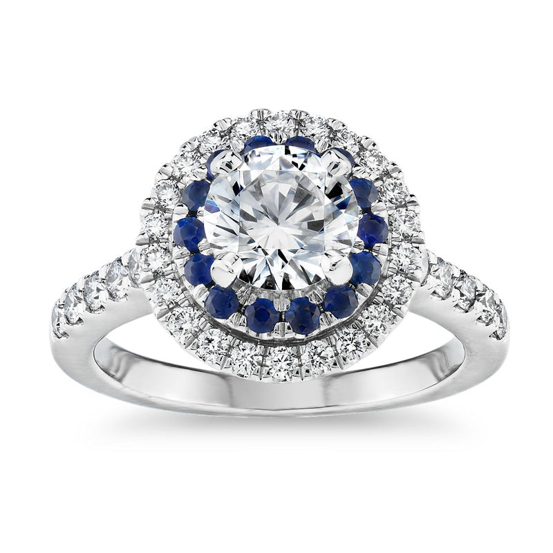 Moissanite and Sapphire Double Halo Pave Engagement Ring