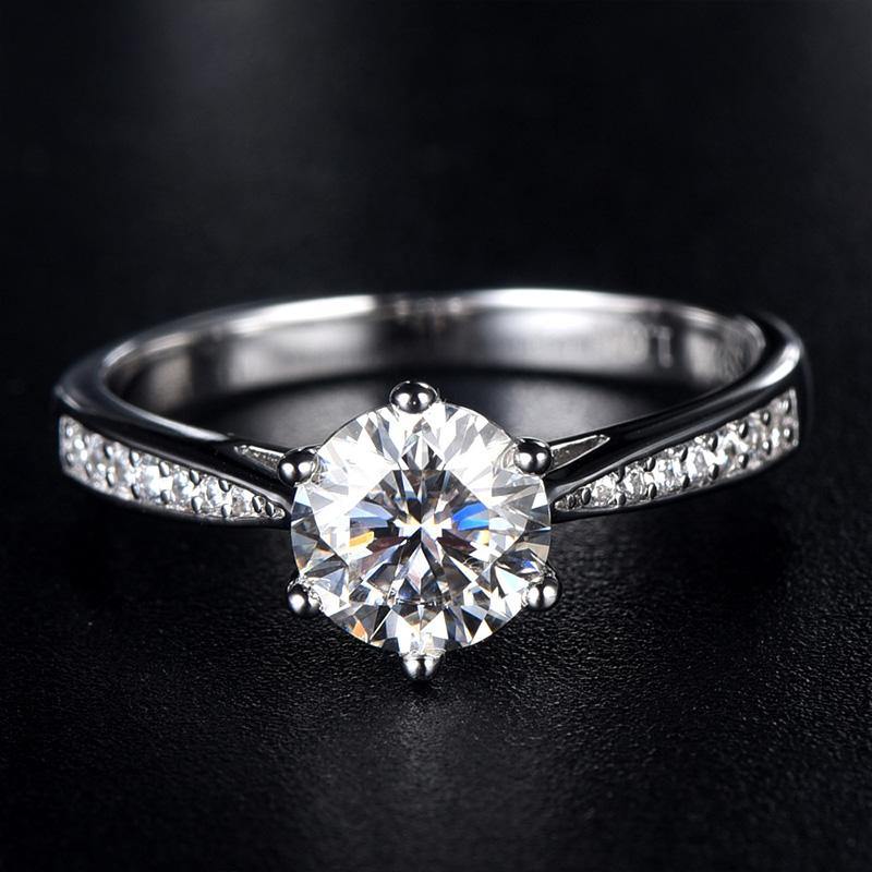 Round Moissanite Six Prong Side Stones Promise Engagement Ring