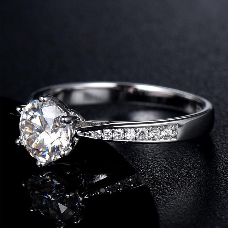 Round Moissanite Six Prong Side Stones Promise Engagement Ring