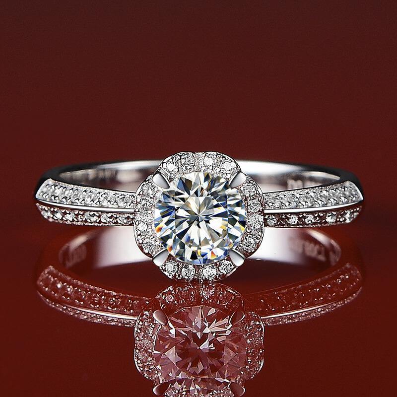 Halo Moissanite Hand Flower Four Prong Pave Engagement Ring