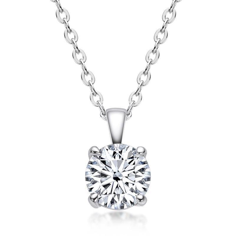 Classic Solitaire Round Moissanite Four Prong Sterling Silver Necklace Pendant