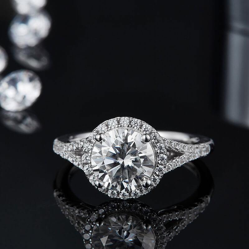 Round Moissanite Split Shank Halo Pave Engagement Ring