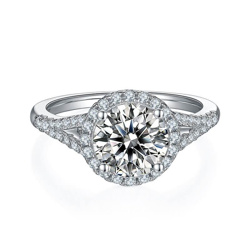 Round Moissanite Split Shank Halo Pave Engagement Ring