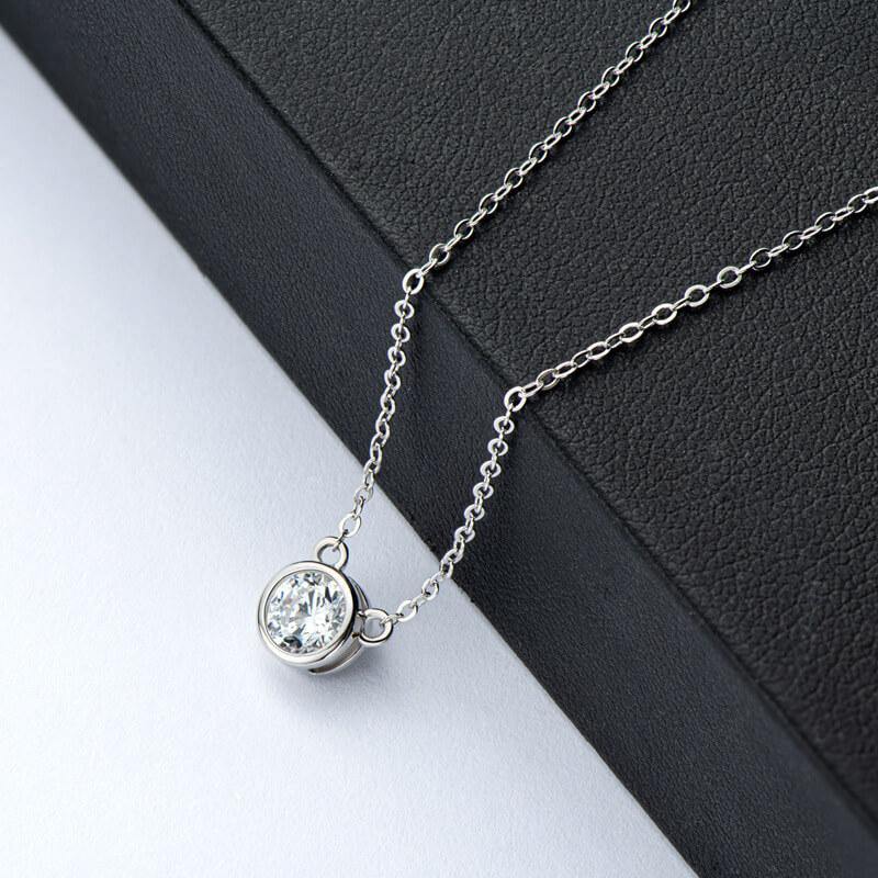 Solitaire Round Moissanite Bezel Sterling Silver Necklace Pendant