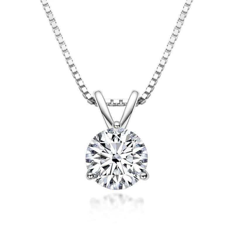 Solitaire Round Moissanite Three Prong Sterling Silver Necklace Pendant