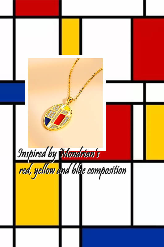 Mondrian "Famous Paintings" Inspired Moissanite Enamel Drop Necklace In Sterling Silver