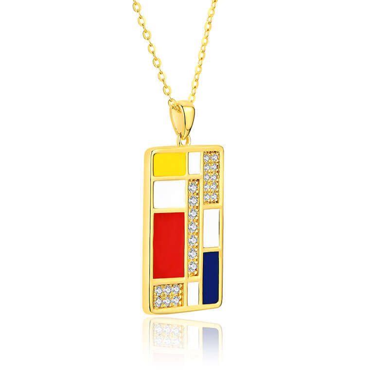 Mondrian "Famous Paintings" Inspired Moissanite Enamel Drop Necklace In Sterling Silver