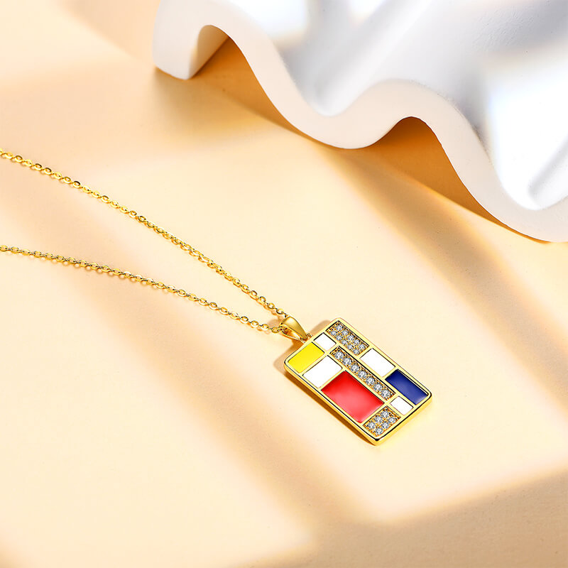 Mondrian "Famous Paintings" Inspired Moissanite Enamel Drop Necklace In Sterling Silver