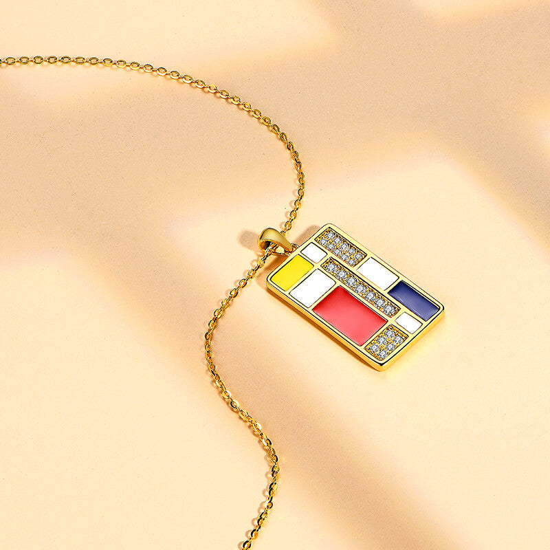 Mondrian "Famous Paintings" Inspired Moissanite Enamel Drop Necklace In Sterling Silver