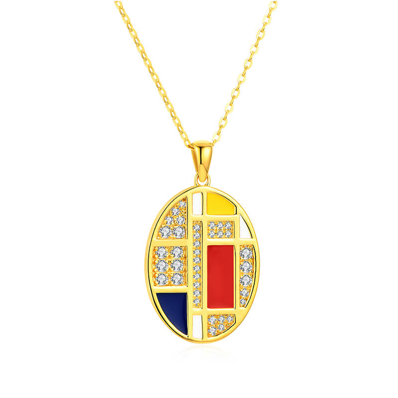 Mondrian "Famous Paintings" Inspired Moissanite Enamel Drop Necklace In Sterling Silver