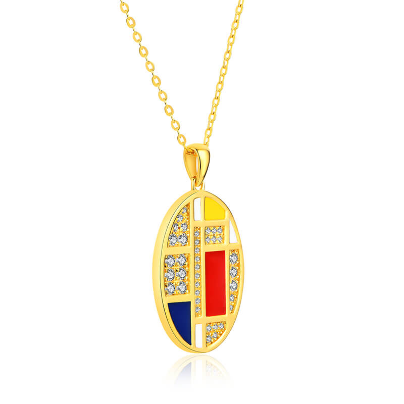 Mondrian "Famous Paintings" Inspired Moissanite Enamel Drop Necklace In Sterling Silver