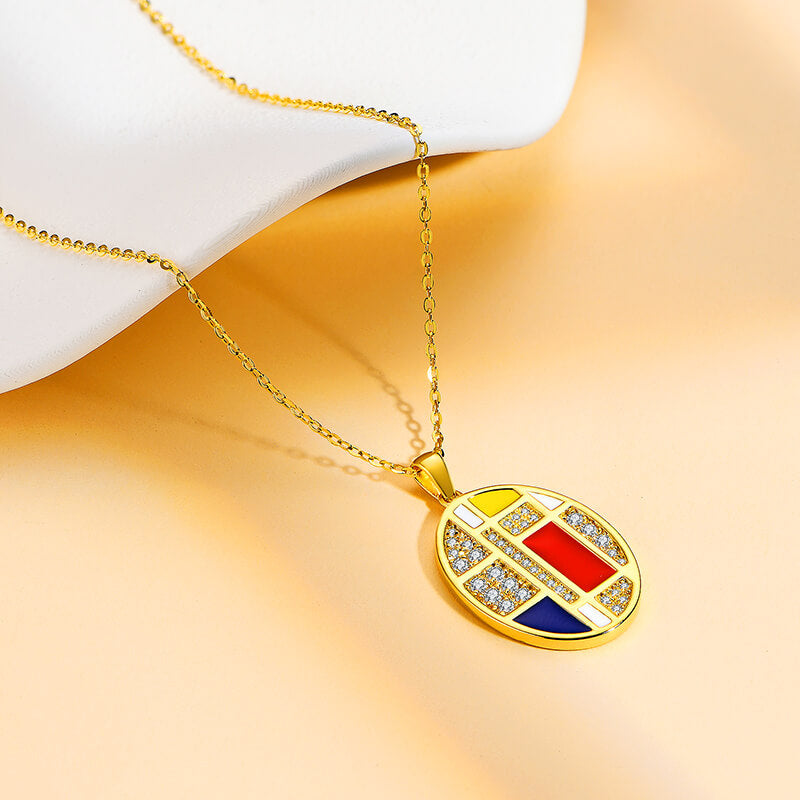 Mondrian "Famous Paintings" Inspired Moissanite Enamel Drop Necklace In Sterling Silver