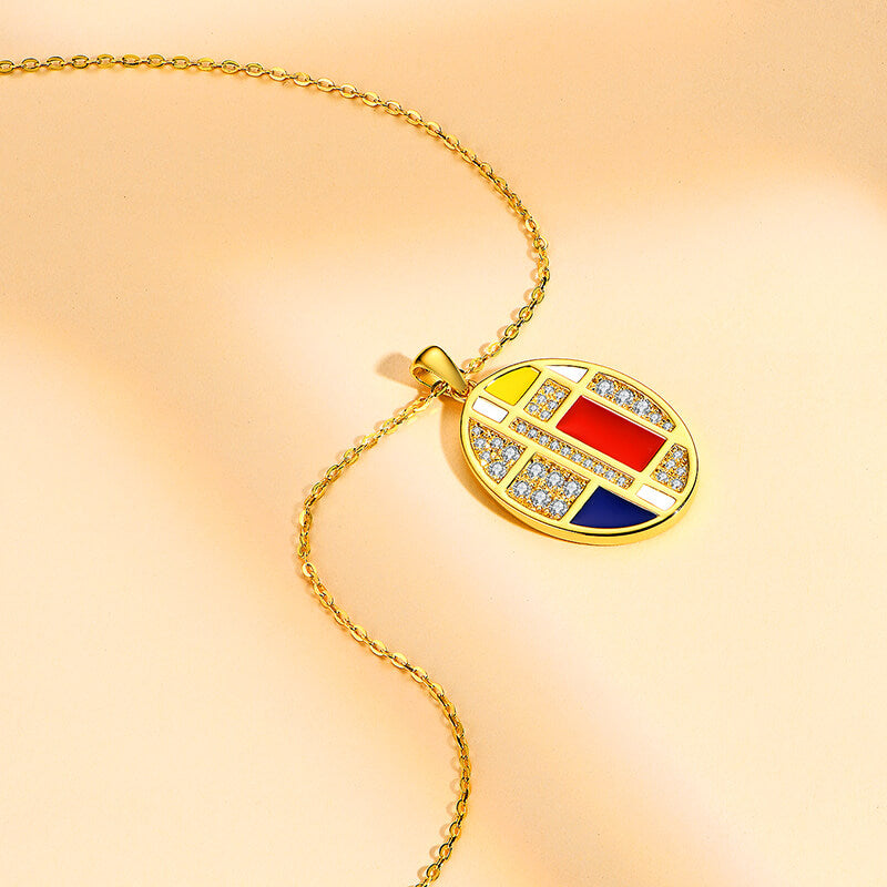 Mondrian "Famous Paintings" Inspired Moissanite Enamel Drop Necklace In Sterling Silver