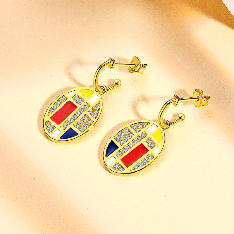 Mondrian "Famous Paintings" Inspired Moissanite Enamel Drop Earrings In Sterling Silver