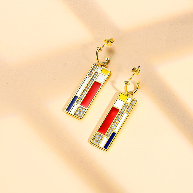 Mondrian "Famous Paintings" Inspired Moissanite Enamel Drop Earrings In Sterling Silver