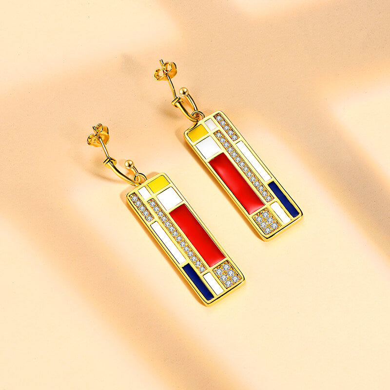 Mondrian "Famous Paintings" Inspired Moissanite Enamel Drop Earrings In Sterling Silver