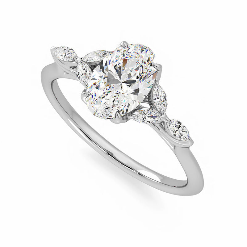 Oval Moissanite With Marquise Petals Accents Engagement Ring