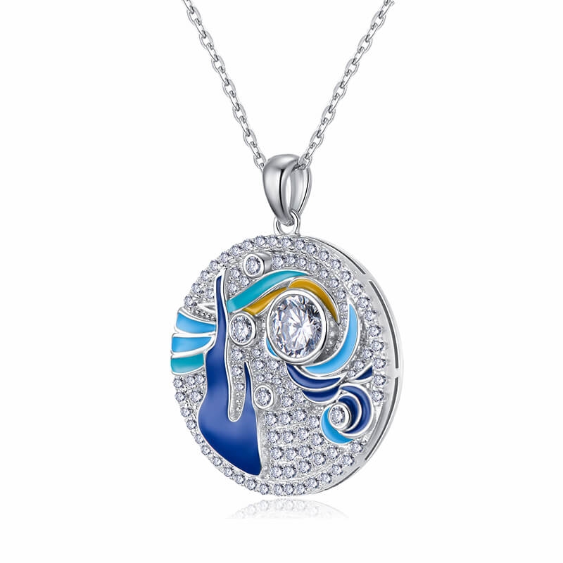 Paintings "The Starry Night" Inspired Moissanite Enamel Drop Necklace