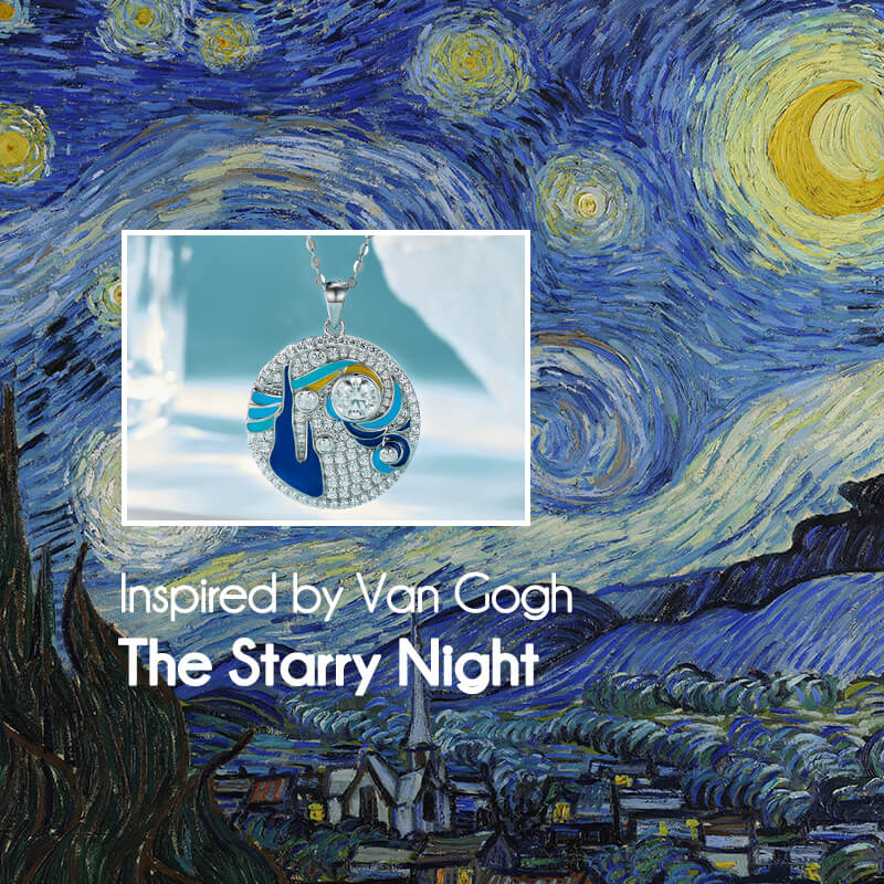 Paintings "The Starry Night" Inspired Moissanite Enamel Drop Necklace