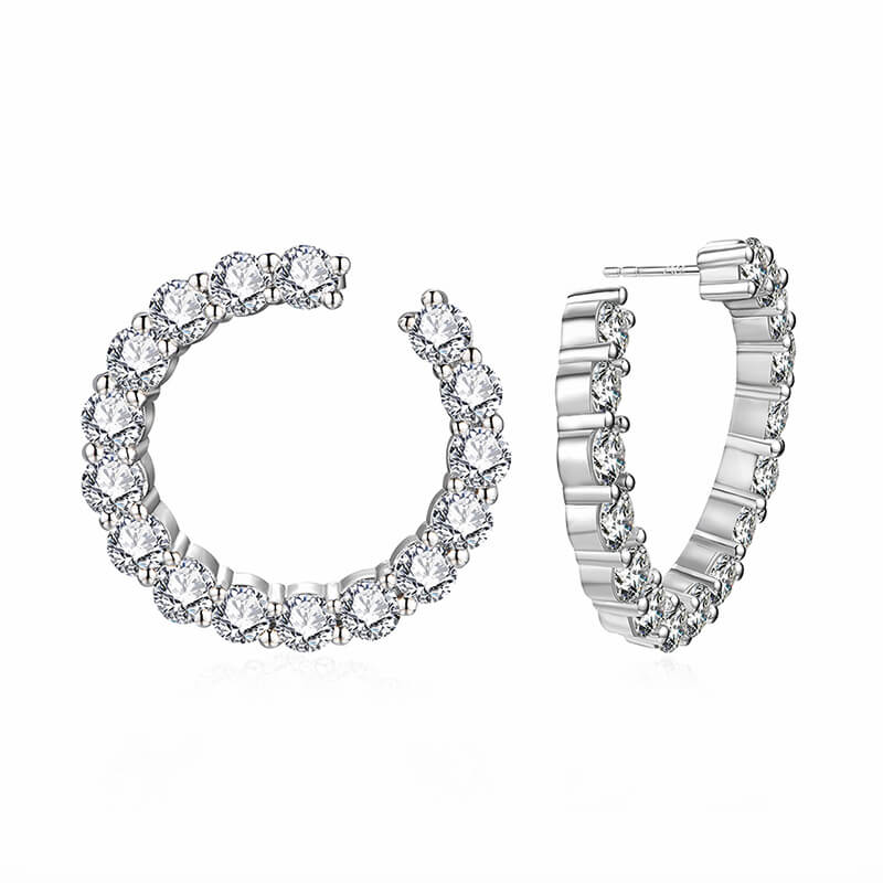 Pave Moissanite Open Hoop Earrings In Sterling Silver