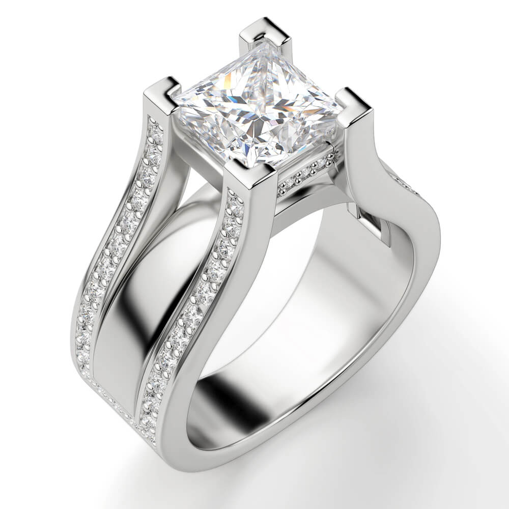 Princess Cut Moissanite Triple Row Pave Engagement Ring