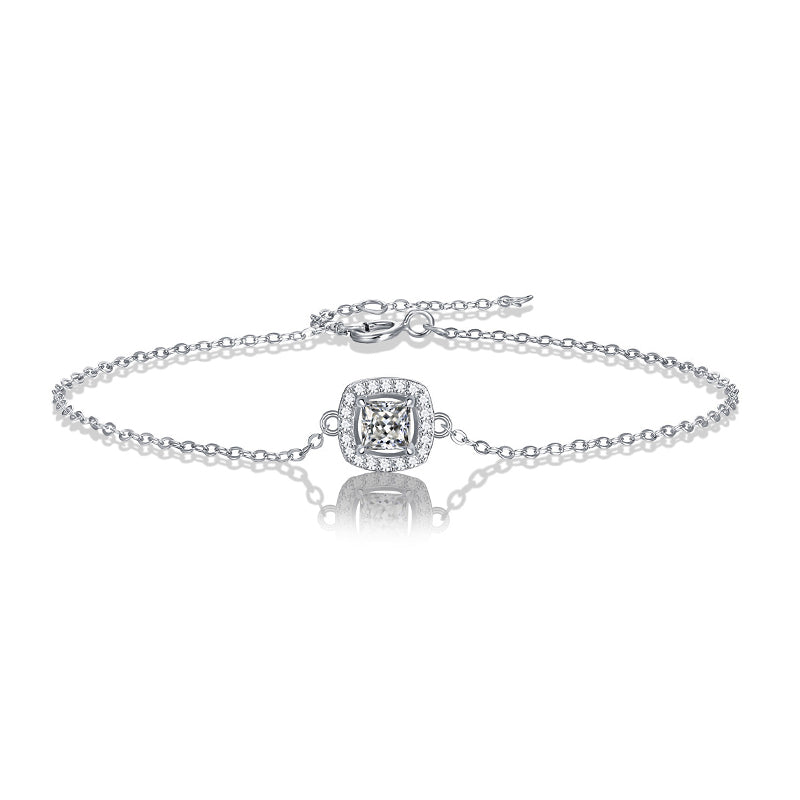 Princess Moissanite Halo Sterling Silver Bracelet