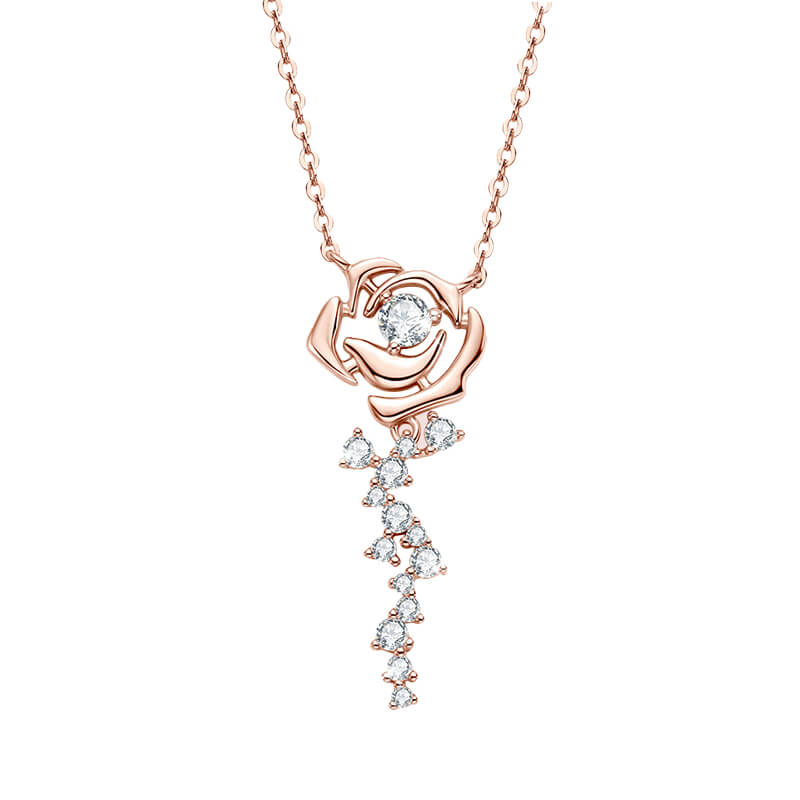 Rose Flower Moissanite Cluster Accents Sterling Silver Necklace