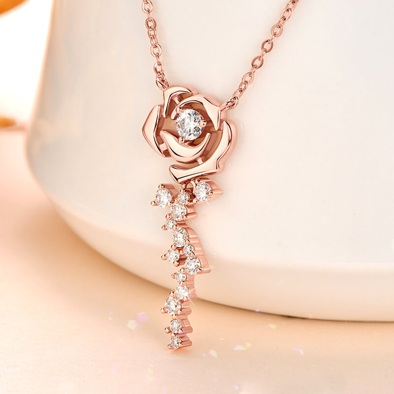 Rose Flower Moissanite Cluster Accents Sterling Silver Necklace