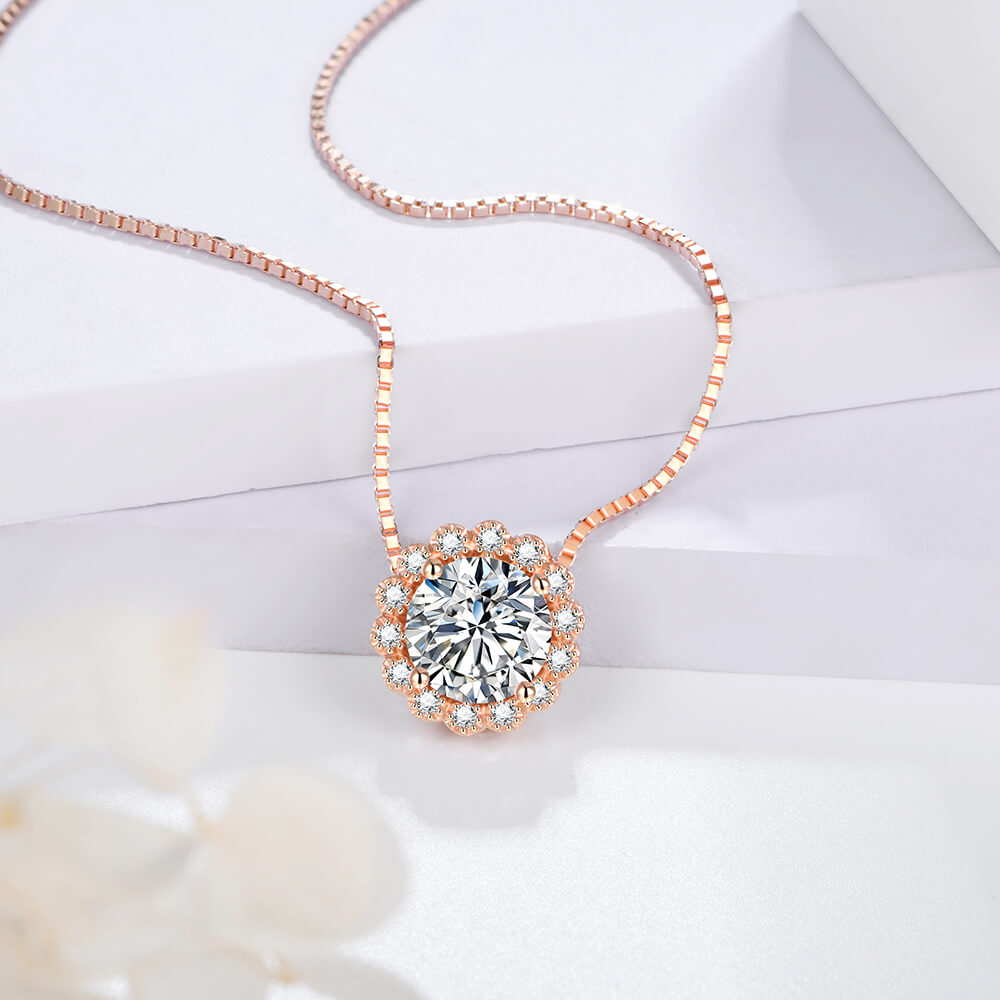 Rose Gold Halo Round Moissanite Sterling Silver Necklace