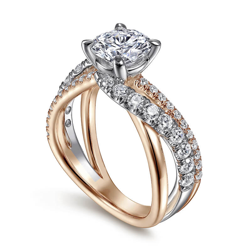 Rose Gold Two Tone Moissanite Criss-Cross Pave Engagement Ring