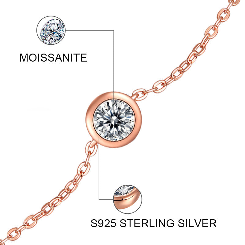 Round Moissanite Rose Gold Bezel Sterling Silver Bracelet