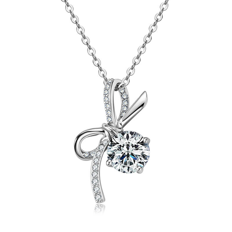 Round Moissanite Bow Accents Pave Sterling Silver Necklace