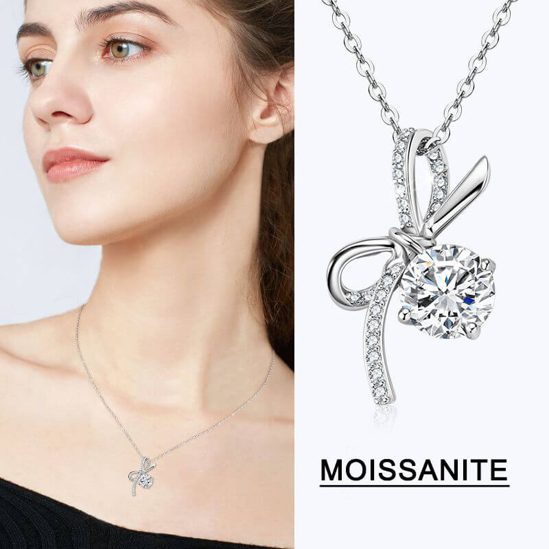 Round Moissanite Bow Accents Pave Sterling Silver Necklace