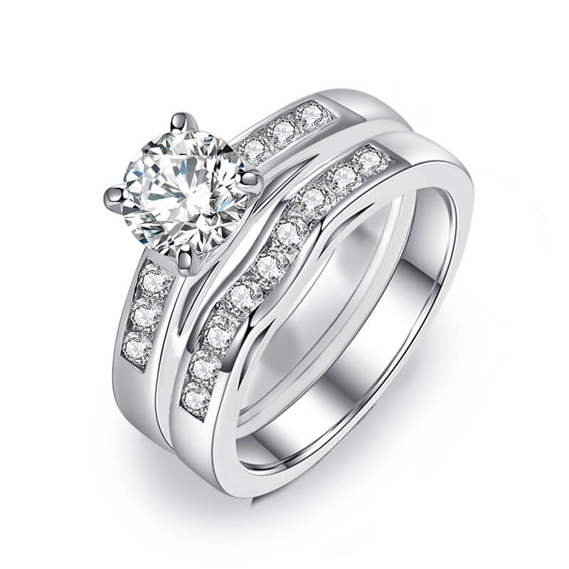 Round Moissanite Channel Set Accents Bridal Engagement Ring Set