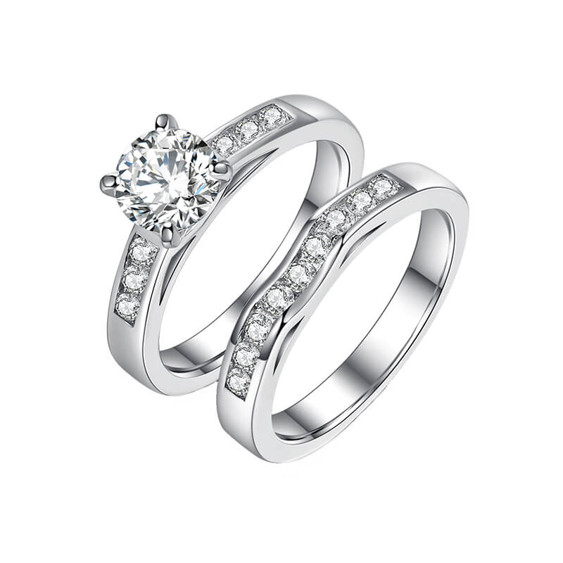 Round Moissanite Channel Set Accents Bridal Engagement Ring Set