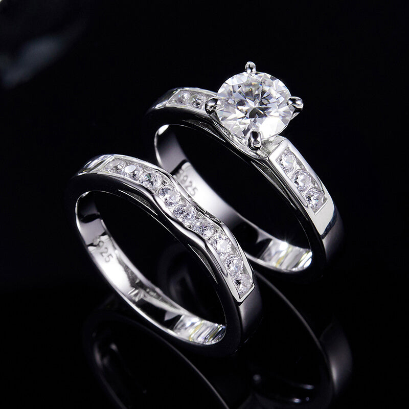 Round Moissanite Channel Set Accents Bridal Engagement Ring Set