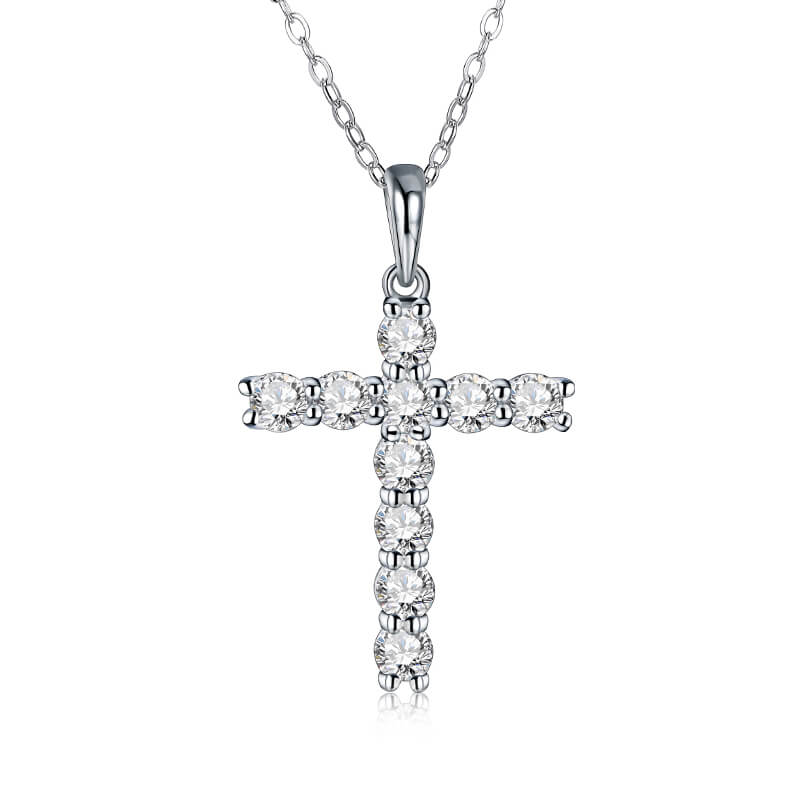 Round Moissanite Cross Pendant Necklace in Sterling Silver