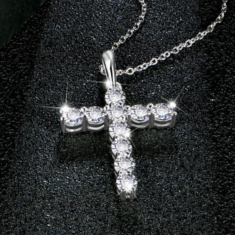 Round Moissanite Cross Pendant Necklace in Sterling Silver