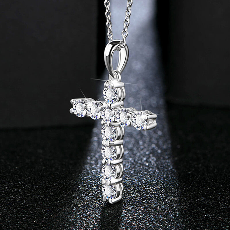 Round Moissanite Cross Pendant Necklace in Sterling Silver