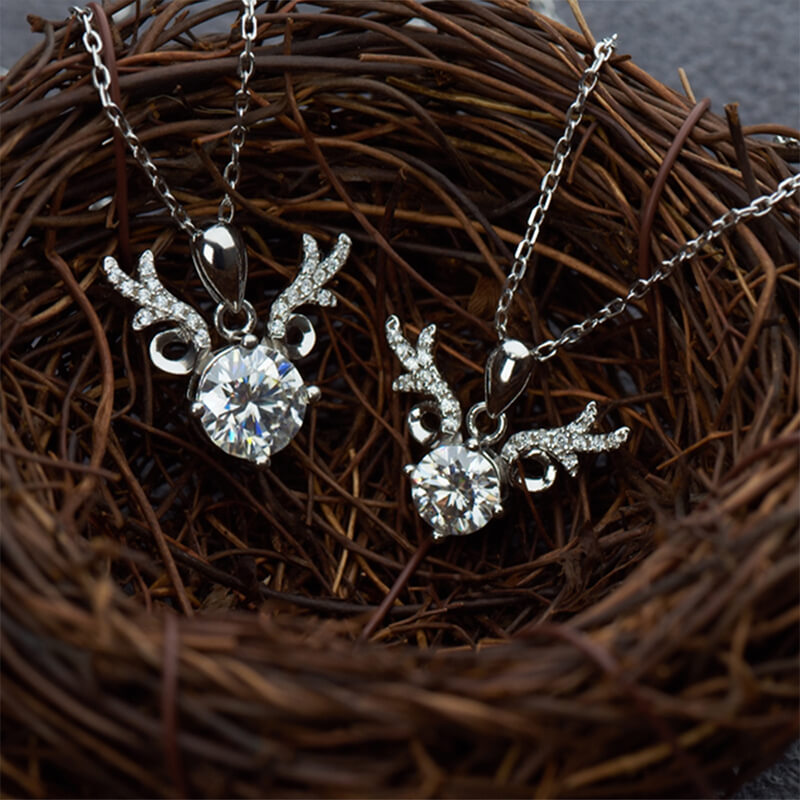 Round Moissanite Deer Antlers Pendant Necklace in Sterling Silver