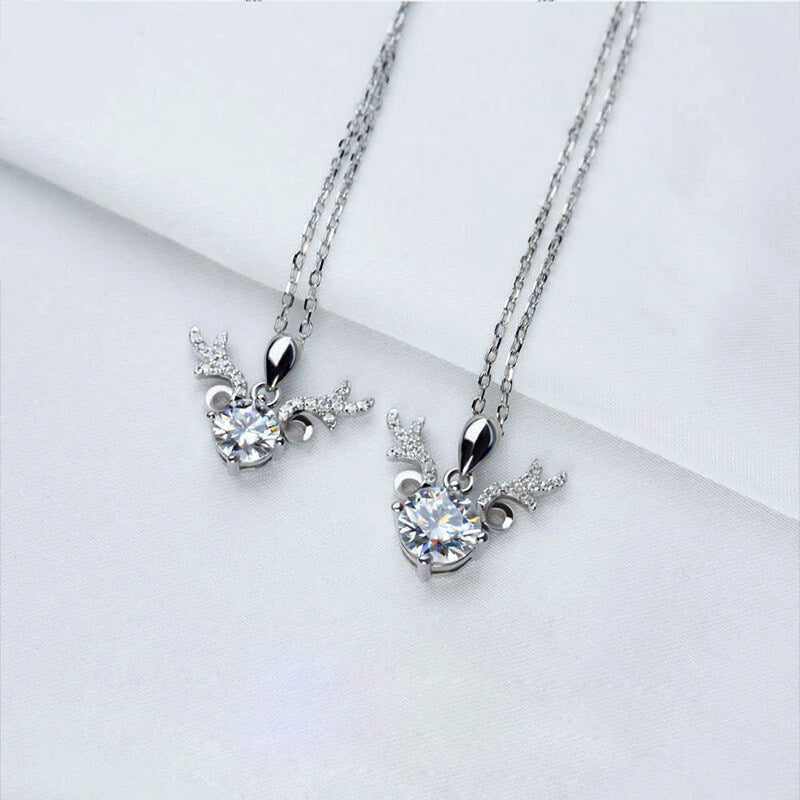 Round Moissanite Deer Antlers Pendant Necklace in Sterling Silver