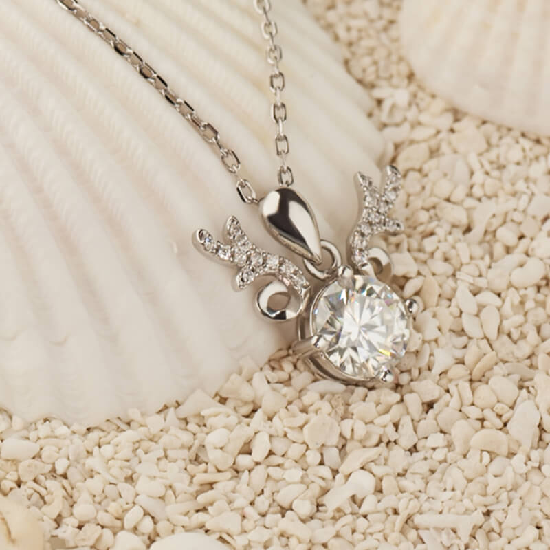 Round Moissanite Deer Antlers Pendant Necklace in Sterling Silver